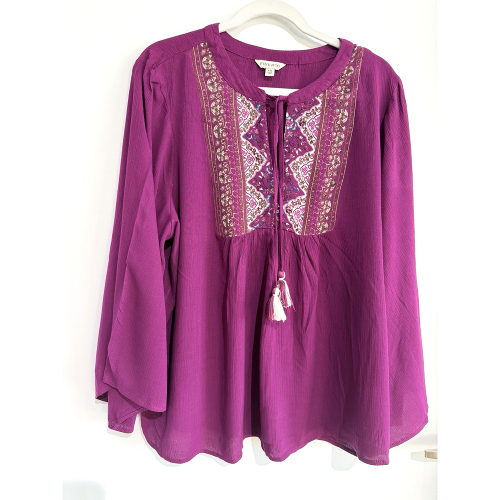 Frye And Co Top 3/4 Bell Sleeve Split Tie Neck Yoke Detail Burgundy Boho Sz-XXL - Picture 2 of 10
